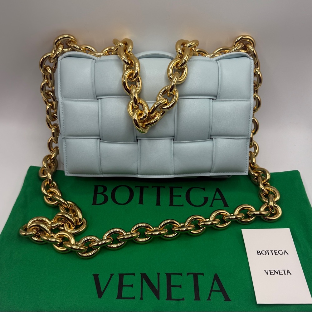 NEW Bottega Veneta Gold Chain Cassette Padded Light Blue Nappa Leather Bag